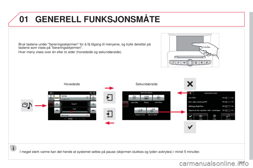 CITROEN C4 2015  InstruksjonsbØker (in Norwegian) 01
C4-2_no_Chap13b_sMEGplus_ed01-2015
C4-2_no_Chap13b_sMEGplus_ed01-2015
bruk tastene under "berøringsskjermen" for å få tilgang til meny\
ene, og trykk deretter på 
tastene som vises på 