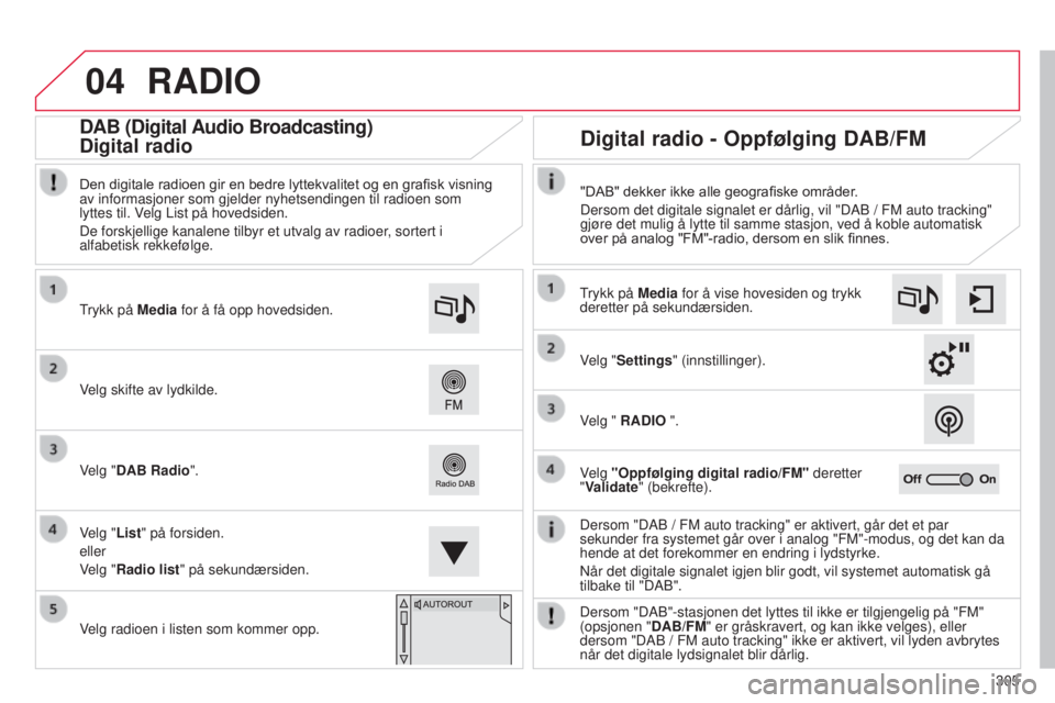 CITROEN C4 2015  InstruksjonsbØker (in Norwegian) 04
305
C4-2_no_Chap13b_sMEGplus_ed01-2015
C4-2_no_Chap13b_sMEGplus_ed01-2015
RADIO
Dersom "DAb / FM auto tracking" er aktivert, går det et par 
sekunder fra systemet går over i analog "F