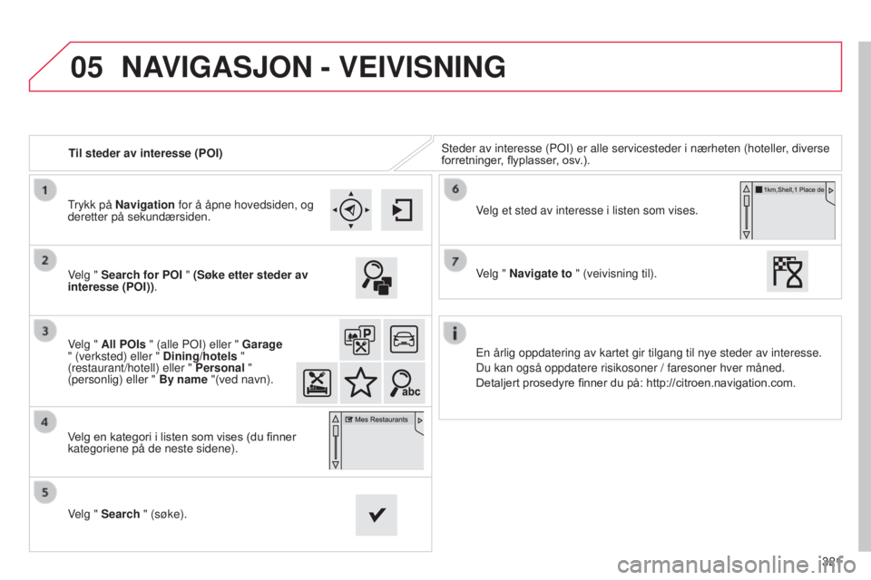 CITROEN C4 2015  InstruksjonsbØker (in Norwegian) 05
321
C4-2_no_Chap13b_sMEGplus_ed01-2015
C4-2_no_Chap13b_sMEGplus_ed01-2015
Til steder av interesse (POI)steder av interesse (P o I) er alle servicesteder i nærheten (hoteller, diverse 
forretninger