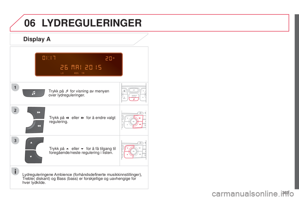 CITROEN C4 2015  InstruksjonsbØker (in Norwegian) 06
 
  
383
C4-2_no_Chap13c_rD5_ed01-2015 C4-2_no_Chap13c_rD5_ed01-2015
LYDREGULERINGER
trykk på ¯ for visning av menyen 
over lydreguleringer.
trykk på 

7 eller 8 for å endre valgt 
regulering