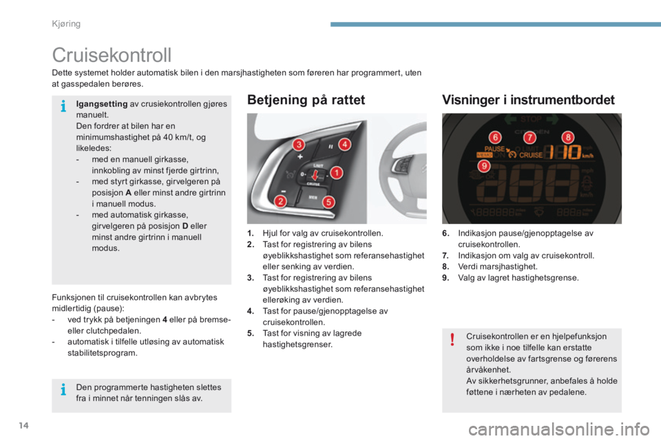 CITROEN C4 2015 InstruksjonsbØker (in Norwegian) Kjøring
14
C4-2-add_no_Chap09_conduite_ed01-2015
Cruisekontroll
1. Hjul for valg av cruisekontrollen. 2. Tast for registrering av bilens øyeblikkshastighet som referansehastighet eller se CITROEN C4 2015 InstruksjonsbØker (in Norwegian) Kjøring
14
C4-2-add_no_Chap09_conduite_ed01-2015
Cruisekontroll
1. Hjul for valg av cruisekontrollen. 2. Tast for registrering av bilens øyeblikkshastighet som referansehastighet eller se