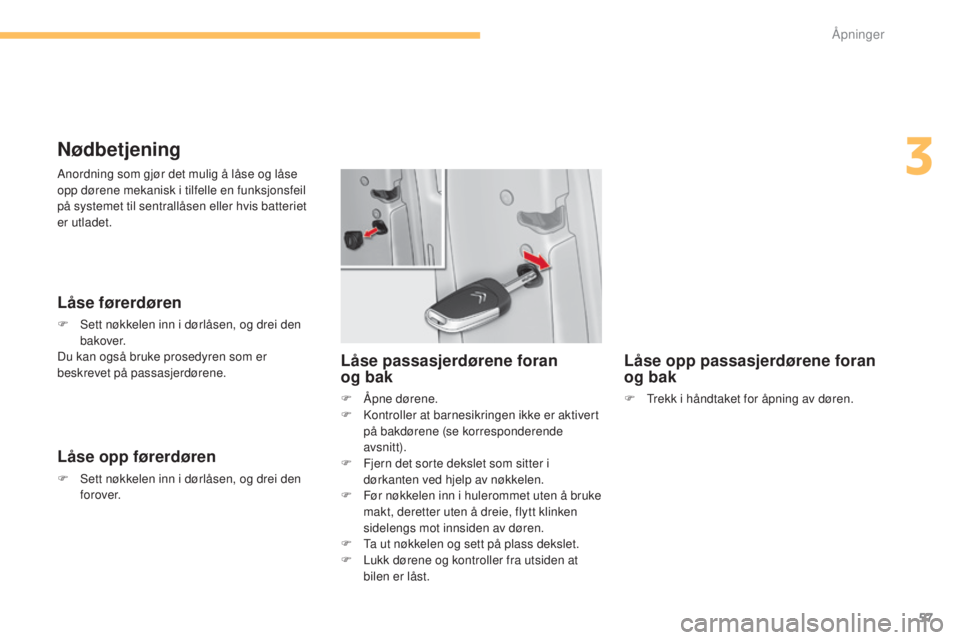 CITROEN C4 2015  InstruksjonsbØker (in Norwegian) 57
C4-2_no_Chap03_ouvertures_ed01-2015
C4-2_no_Chap03_ouvertures_ed01-2015
Nødbetjening
Låse førerdøren
F  sett nøkkelen inn i dørlåsen, og drei den bakover.
Du kan også bruke prosedyren som e