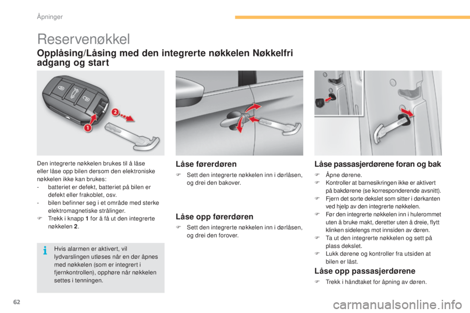 CITROEN C4 2015  InstruksjonsbØker (in Norwegian) 62
C4-2_no_Chap03_ouvertures_ed01-2015
C4-2_no_Chap03_ouvertures_ed01-2015
reservenøkkel
Den integrerte nøkkelen brukes til å låse 
eller låse opp bilen dersom den elektroniske 
nøkkelen ikke ka