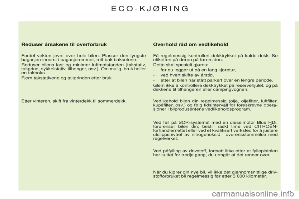 CITROEN C4 2014 InstruksjonsbØker (in Norwegian) 11
ECO-kJøring
Reduser årsakene til overforbruk
Fordel vekten jevnt over hele bilen. Plasser den tyngste
bagasjen innerst i bagasjerommet, rett bak baksetene.
r
eduser bilens last og minimer luft CITROEN C4 2014 InstruksjonsbØker (in Norwegian) 11
ECO-kJøring
Reduser årsakene til overforbruk
Fordel vekten jevnt over hele bilen. Plasser den tyngste
bagasjen innerst i bagasjerommet, rett bak baksetene.
r
eduser bilens last og minimer luft