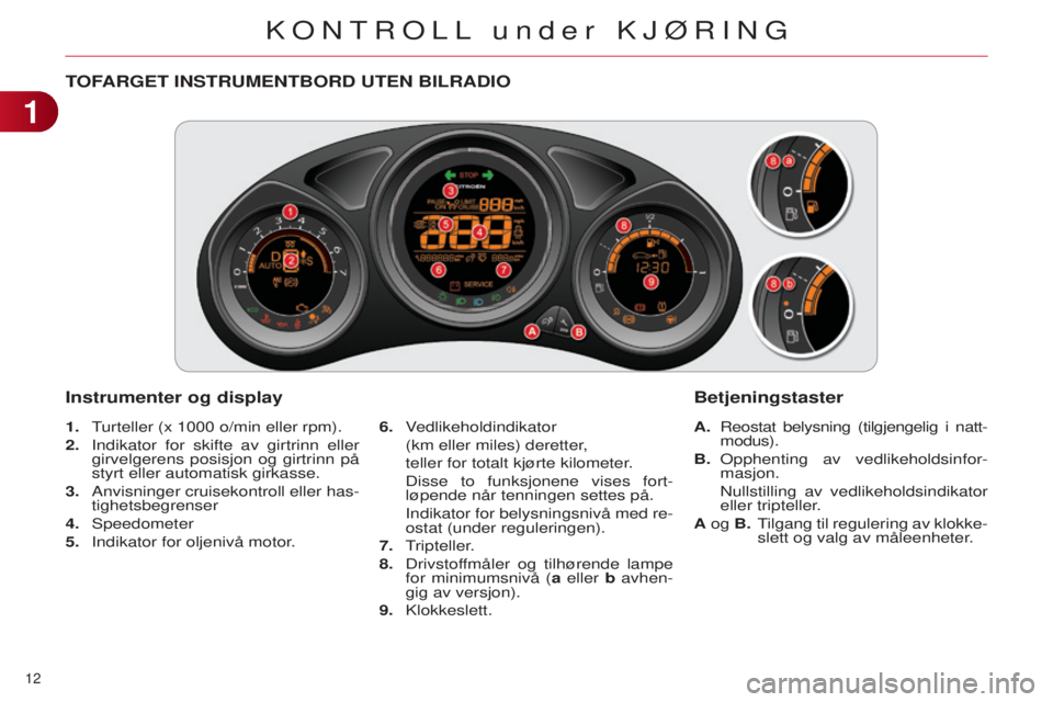 CITROEN C4 2014 InstruksjonsbØker (in Norwegian) 12
C4-2_no_Chap01_controle-de-marche_ed01-2014
TOFARGET INSTRUMENTBORD UTEN BILRADIO
Instrumenter og display
1. Turteller (x 1000 o/min eller rpm).
2. i ndikator for skifte av girtrinn eller CITROEN C4 2014 InstruksjonsbØker (in Norwegian) 12
C4-2_no_Chap01_controle-de-marche_ed01-2014
TOFARGET INSTRUMENTBORD UTEN BILRADIO
Instrumenter og display
1. Turteller (x 1000 o/min eller rpm).
2. i ndikator for skifte av girtrinn eller