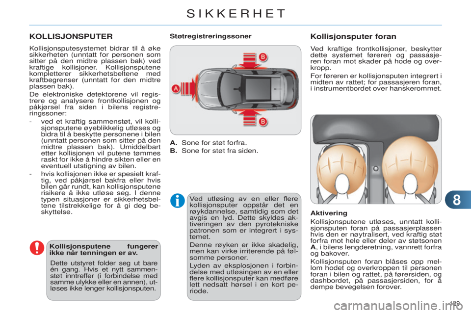 CITROEN C4 2014  InstruksjonsbØker (in Norwegian) 88
129 
C4-2_no_Chap08_securite_ed01-2014
KOLLISJONSPUTER
kollisjonsputesystemet bidrar til å øke 
sikkerheten (unntatt for personen som 
sitter på den midtre plassen bak) ved 
kraftige kollisjoner