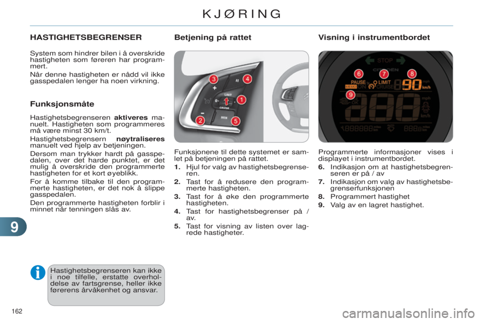 CITROEN C4 2014 InstruksjonsbØker (in Norwegian) 99
162
C4-2_no_Chap09_conduite_ed01-2014
Programmerte informasjoner vises i
displayet i instrumentbordet.
6.
i ndikasjon om at hastighetsbegren-
seren er på / av
7.
i ndikasjon om valg av ha CITROEN C4 2014 InstruksjonsbØker (in Norwegian) 99
162
C4-2_no_Chap09_conduite_ed01-2014
Programmerte informasjoner vises i
displayet i instrumentbordet.
6.
i ndikasjon om at hastighetsbegren-
seren er på / av
7.
i ndikasjon om valg av ha