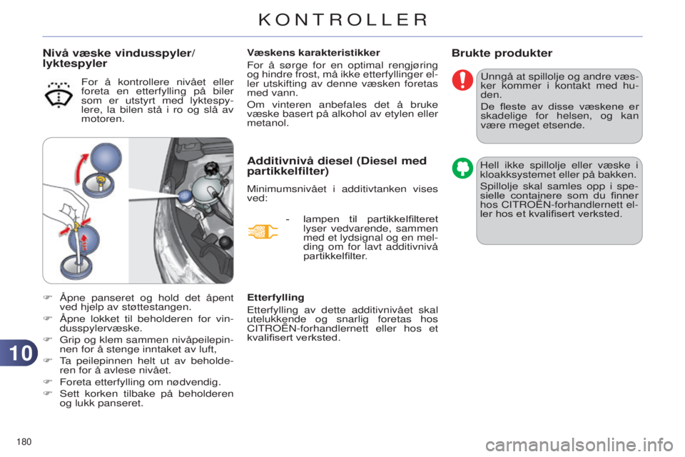 CITROEN C4 2014 InstruksjonsbØker (in Norwegian) 1010
180
C4-2_no_Chap10_verification_ed01-2014
Brukte produkter
unngå at spillolje og andre væs-
ker kommer i kontakt med hu -
den.
De fleste av disse væskene er
skadelige for helsen, og kan CITROEN C4 2014 InstruksjonsbØker (in Norwegian) 1010
180
C4-2_no_Chap10_verification_ed01-2014
Brukte produkter
unngå at spillolje og andre væs-
ker kommer i kontakt med hu -
den.
De fleste av disse væskene er
skadelige for helsen, og kan