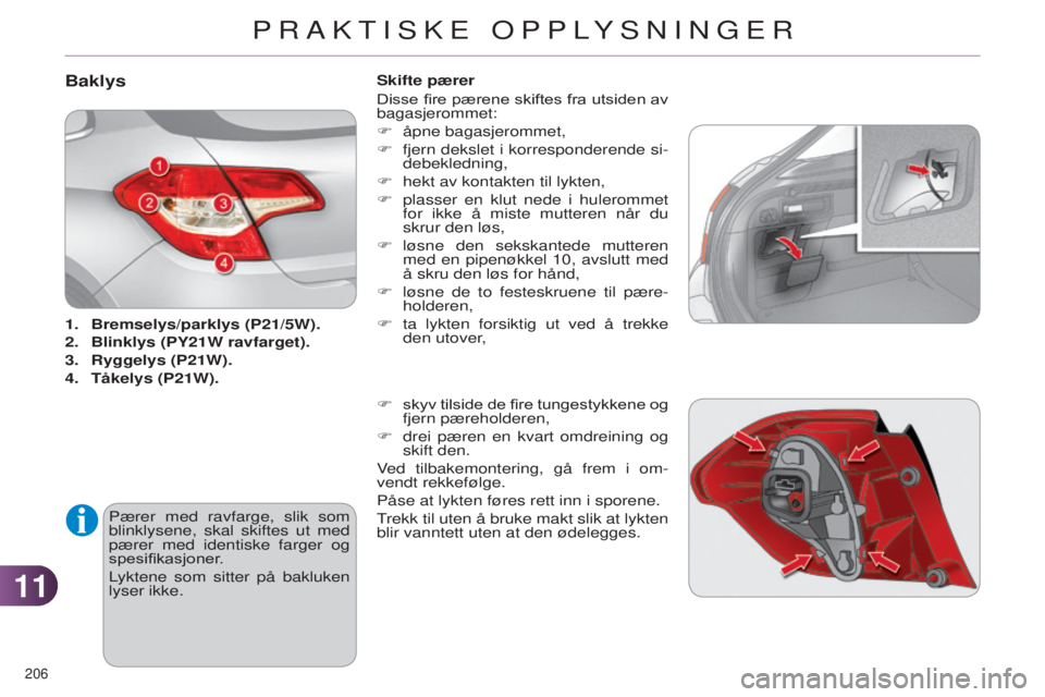 CITROEN C4 2014 InstruksjonsbØker (in Norwegian) 1111
206
C4-2_no_Chap11_info-pratique_ed01-2014
Baklys
1. Bremselys/parklys (P21/5W).
2.
Blinklys (PY21W ravfarget)
.
3.
Ryggelys (P21W).
4.
Tåkelys (P21W).
Pærer
med ravfarge, slik som
CITROEN C4 2014 InstruksjonsbØker (in Norwegian) 1111
206
C4-2_no_Chap11_info-pratique_ed01-2014
Baklys
1. Bremselys/parklys (P21/5W).
2.
Blinklys (PY21W ravfarget)
.
3.
Ryggelys (P21W).
4.
Tåkelys (P21W).
Pærer
med ravfarge, slik som