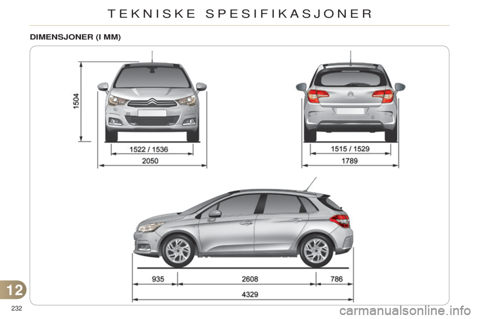 CITROEN C4 2014 InstruksjonsbØker (in Norwegian) 232
C4-2_no_Chap12_caracteristique_ed01-2014
DIMENSJONER (I MM)
12
TEkniskE sPEsiFikasJOnEr CITROEN C4 2014 InstruksjonsbØker (in Norwegian) 232
C4-2_no_Chap12_caracteristique_ed01-2014
DIMENSJONER (I MM)
12
TEkniskE sPEsiFikasJOnEr