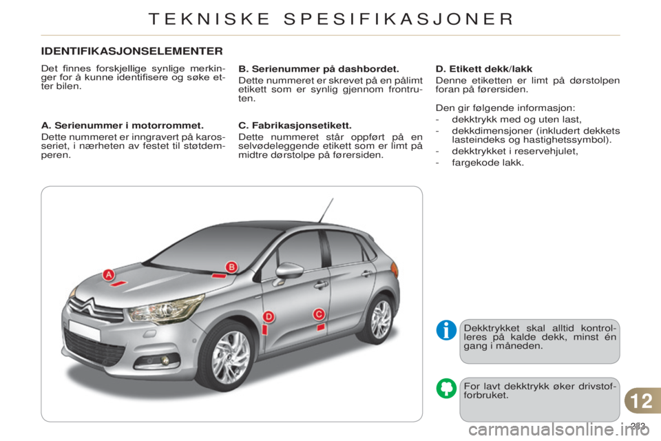 CITROEN C4 2014 InstruksjonsbØker (in Norwegian) 233
C4-2_no_Chap12_caracteristique_ed01-2014
IDENTIFIKASJONSELEMENTER
Det finnes forskjellige synlige merkin-
ger for å kunne identifisere og søke et-
ter bilen.
A. Serienummer i motorrommet.
D CITROEN C4 2014 InstruksjonsbØker (in Norwegian) 233
C4-2_no_Chap12_caracteristique_ed01-2014
IDENTIFIKASJONSELEMENTER
Det finnes forskjellige synlige merkin-
ger for å kunne identifisere og søke et-
ter bilen.
A. Serienummer i motorrommet.
D