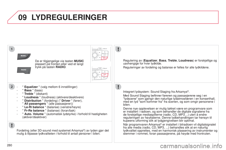 CITROEN C4 2014 InstruksjonsbØker (in Norwegian) 09
280
C4-2_no_Chap13b_rT6_ed01-2014
LYDREGULERINGER
De er tilgjengelige via tasten MUSIC
plassert på fronten eller ved et langt
trykk på tasten RADIO.
-
" Equalizer " (valg mellom 6
CITROEN C4 2014 InstruksjonsbØker (in Norwegian) 09
280
C4-2_no_Chap13b_rT6_ed01-2014
LYDREGULERINGER
De er tilgjengelige via tasten MUSIC
plassert på fronten eller ved et langt
trykk på tasten RADIO.
-
" Equalizer " (valg mellom 6