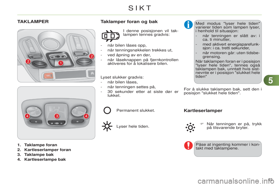 CITROEN C4 2014 InstruksjonsbØker (in Norwegian) 55
93
C4-2_no_Chap05_visibilite_ed01-2014
1. Taklampe foran
2.
Kartleserlamper
foran
3.
T
aklampe bak
4.
Kartleserlampe bak
TAKLAMPER
- når bilen låses opp,
-
når tenningsnøkkelen trekk CITROEN C4 2014 InstruksjonsbØker (in Norwegian) 55
93
C4-2_no_Chap05_visibilite_ed01-2014
1. Taklampe foran
2.
Kartleserlamper
foran
3.
T
aklampe bak
4.
Kartleserlampe bak
TAKLAMPER
- når bilen låses opp,
-
når tenningsnøkkelen trekk