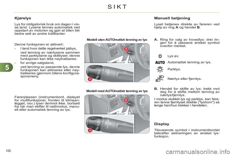 CITROEN C4 2013 InstruksjonsbØker (in Norwegian) 5
SIKT
100
Modell uten AUTOmatisk tenning av lys
Modell med AUTOmatisk tenning av lys
A.
Ring for valg av hovedlys: drei rin-
gen for å plassere ønsket symbol
ovenfor me CITROEN C4 2013 InstruksjonsbØker (in Norwegian) 5
SIKT
100
Modell uten AUTOmatisk tenning av lys
Modell med AUTOmatisk tenning av lys
A.
Ring for valg av hovedlys: drei rin-
gen for å plassere ønsket symbol
ovenfor me