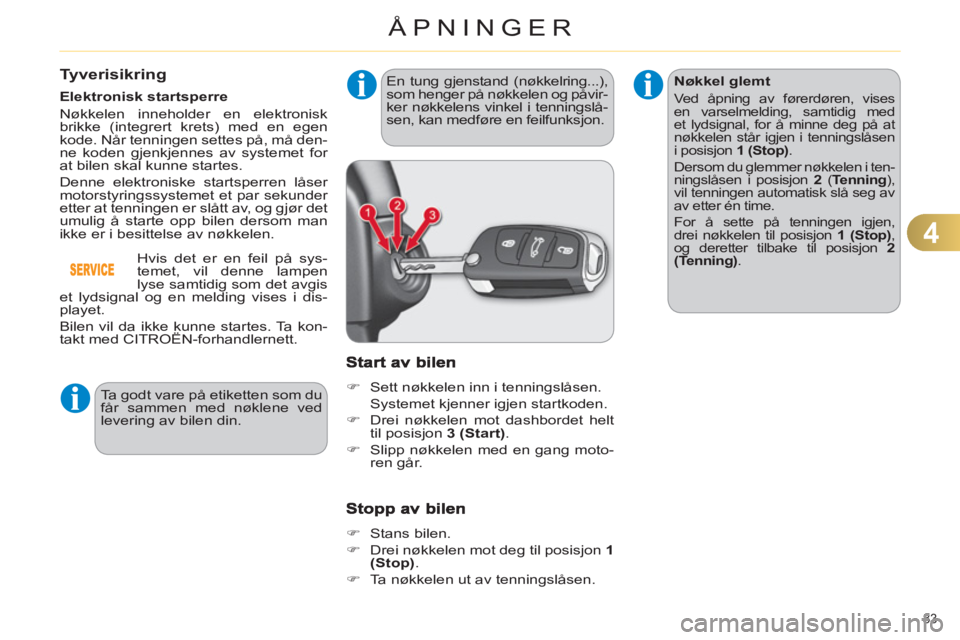CITROEN C4 2013  InstruksjonsbØker (in Norwegian) 4
ÅPNINGER
83 
Tyverisikring 
   
Elektronisk startsperre 
  Nøkkelen inneholder en elektronisk 
brikke (integrert krets) med en egen 
kode. Når tenningen settes på, må den-
ne koden gjenkjennes 