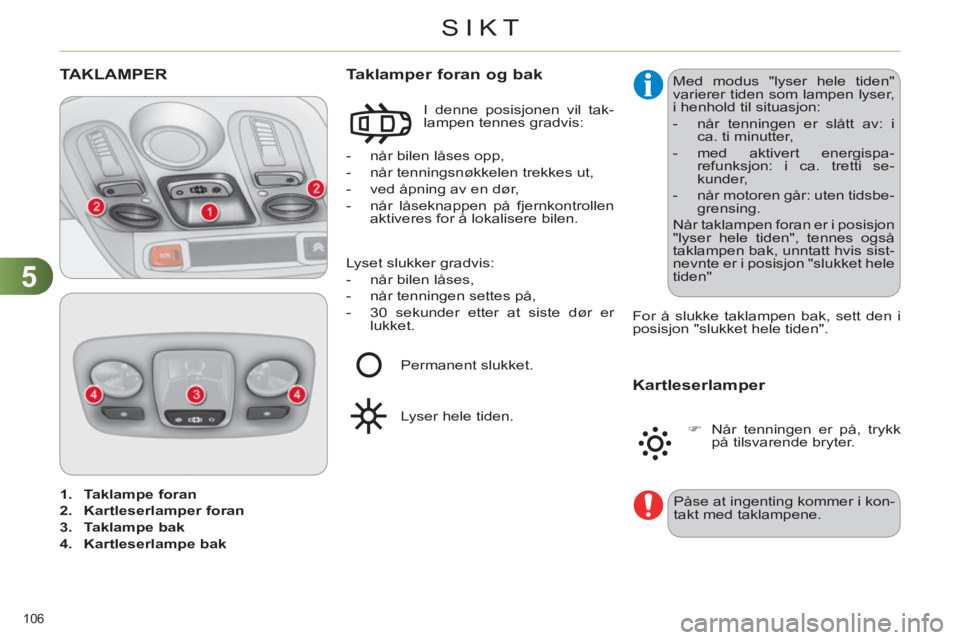 CITROEN C4 2011  InstruksjonsbØker (in Norwegian) 5
SIKT
106 
   
 
1. 
  Taklampe foran 
 
   
2. 
  Kartleserlamper  
 
foran 
 
   
3. 
  Taklampe bak 
 
   
4. 
  Kartleserlampe bak 
 
 
TAKLAMPER
 
 
 
-   når bilen låses opp, 
   
-   når te