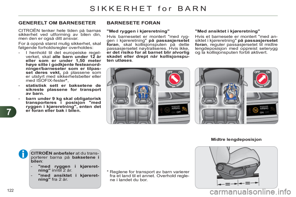 CITROEN C4 2011  InstruksjonsbØker (in Norwegian) 7
SIKKERHET for BARN
122 
   
*    
Reglene for transport av barn varierer 
fra et land til et annet. Overhold regle-
ne i landet du bor.  
GENERELT OM BARNESETER 
 
CITROËN tenker hele tiden på bar