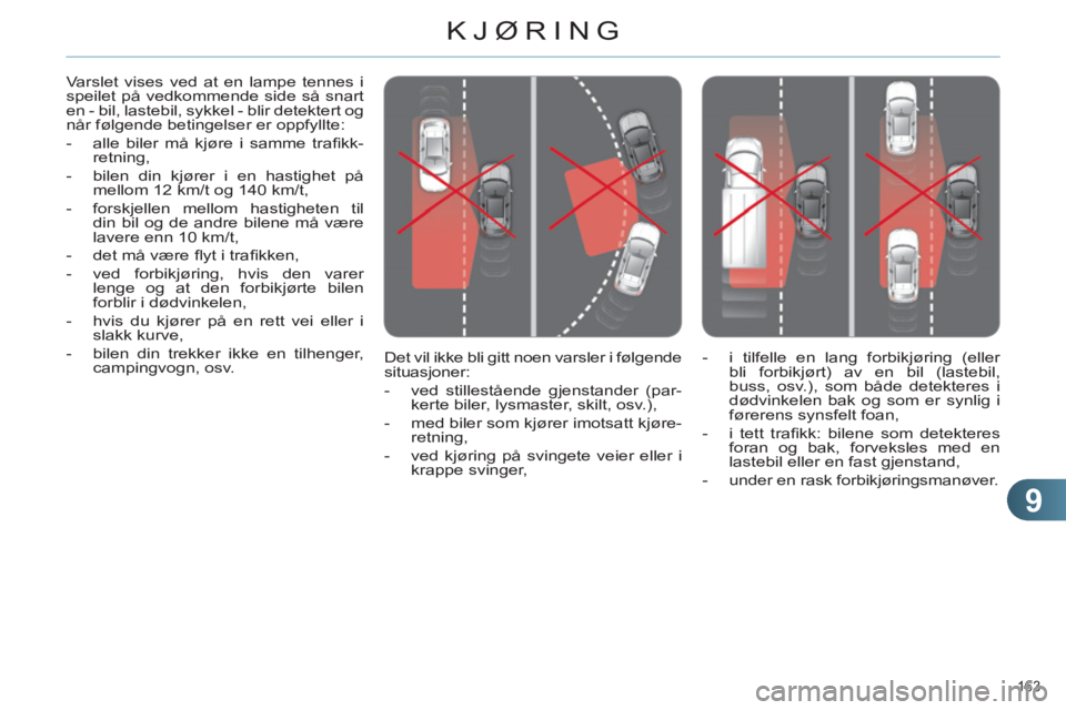 CITROEN C4 2011 InstruksjonsbØker (in Norwegian) 9
KJØRING
163
Det vil ikke bli gitt noen varsler i følgende
situasjoner:
- ved stillestående gjenstander (par-
kerte biler, lysmaster, skilt, osv.),
- med biler som kjører im CITROEN C4 2011 InstruksjonsbØker (in Norwegian) 9
KJØRING
163
Det vil ikke bli gitt noen varsler i følgende
situasjoner:
- ved stillestående gjenstander (par-
kerte biler, lysmaster, skilt, osv.),
- med biler som kjører im