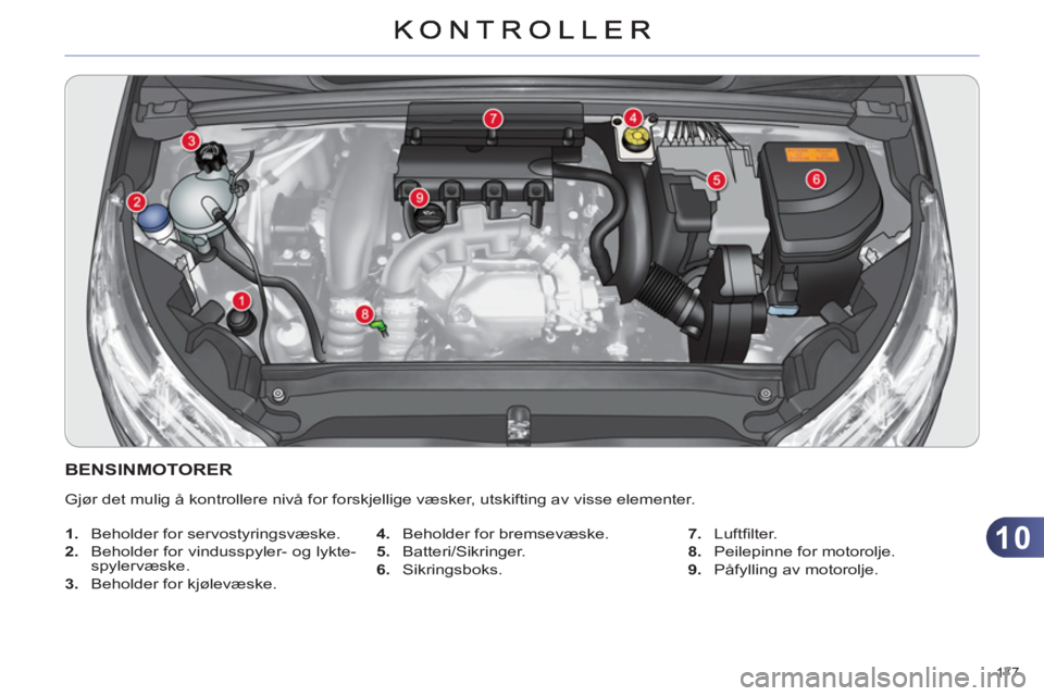 CITROEN C4 2011  InstruksjonsbØker (in Norwegian) 10
177 
BENSINMOTORER 
  Gjør det mulig å kontrollere nivå for forskjellige væsker, utskifting av visse elementer. 
   
 
1. 
  Beholder for servostyringsvæske. 
   
2. 
  Beholder for vindusspyl