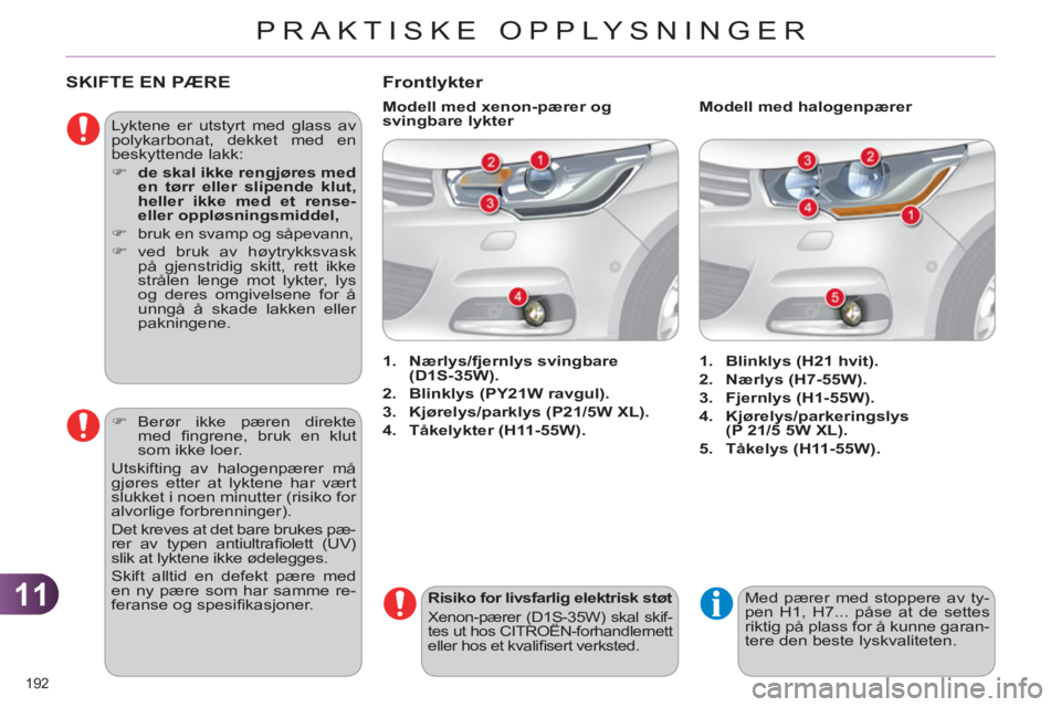 CITROEN C4 2011  InstruksjonsbØker (in Norwegian) 11
PRAKTISKE OPPLYSNINGER
192 
SKIFTE EN PÆRE
  Lyktene er utstyrt med glass av 
polykarbonat, dekket med en 
beskyttende lakk: 
   
 
�) 
  de skal ikke rengjøres med 
en tørr eller slipende klut,