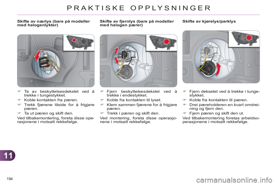 CITROEN C4 2011  InstruksjonsbØker (in Norwegian) 11
PRAKTISKE OPPLYSNINGER
194 
   
 
 
 
 
 
 
 
 
 
Skifte av nærlys (bare på modeller 
med halogenlykter)    
 
 
 
 
 
 
 
 
 
Skifte av kjørelys/parklys 
   
 
�) 
  Fjern dekselet ved å trekk