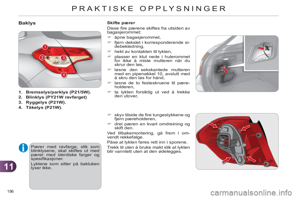 CITROEN C4 2011  InstruksjonsbØker (in Norwegian) 11
PRAKTISKE OPPLYSNINGER
196 
Baklys
   
 
1. 
  Bremselys/parklys (P21/5W). 
 
   
2. 
  Blinklys (PY21W ravfarget) 
 
   
3. 
  Ryggelys (P21W). 
 
   
4. 
  Tåkelys (P21W). 
 
 
  Pærer med ravf