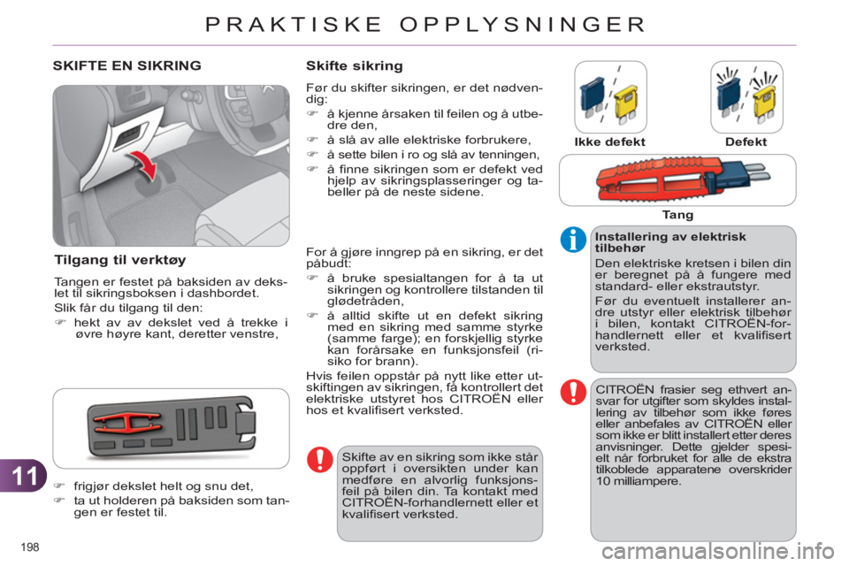 CITROEN C4 2011  InstruksjonsbØker (in Norwegian) 11
PRAKTISKE OPPLYSNINGER
198 
SKIFTE EN SIKRING
Tilgang til verktøy
  Tangen er festet på baksiden av deks-
let til sikringsboksen i dashbordet. 
  Slik får du tilgang til den: 
   
 
�) 
 hekt av