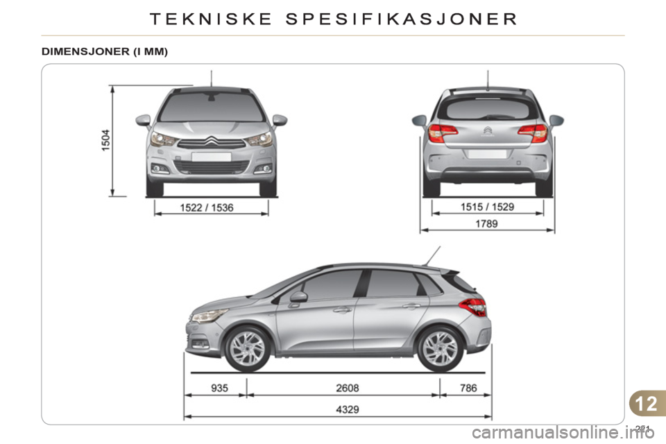CITROEN C4 2011 InstruksjonsbØker (in Norwegian) 12
221
DIMENSJONER (I MM) CITROEN C4 2011 InstruksjonsbØker (in Norwegian) 12
221
DIMENSJONER (I MM)