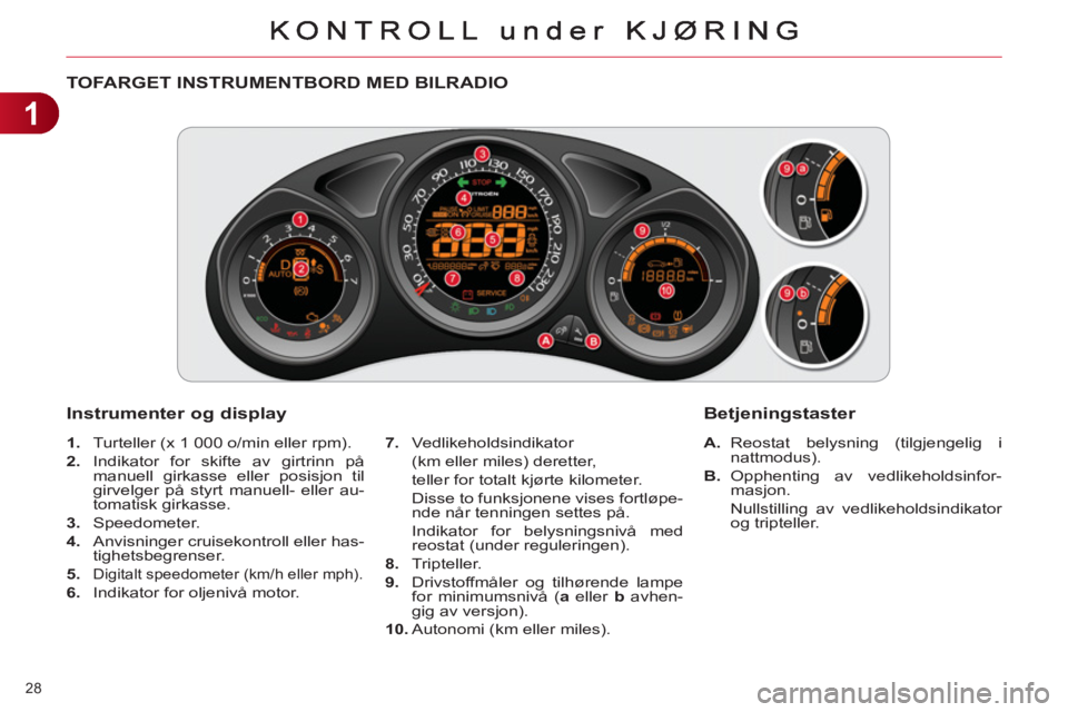 CITROEN C4 2011  InstruksjonsbØker (in Norwegian) 1
28 
   
 
 
 
 
 
 
 
 
 
 
 
TOFARGET INSTRUMENTBORD MED BILRADIO 
   
Instrumenter o
g display 
 
 
 
A. 
 Reostat belysning (tilgjengelig i 
nattmodus). 
   
B. 
 Opphenting av vedlikeholdsinfor-