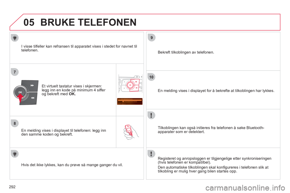 CITROEN C4 2011 InstruksjonsbØker (in Norwegian) 292
05
7
8
Saisir code authentification
01
OK Del23456789 _
9
10
BRUKE TELEFONEN
Et virtuelt tastatur vises i skjermen:legg inn en kode på minimum 4 siffer
og bekreft med OK.
En melding vises CITROEN C4 2011 InstruksjonsbØker (in Norwegian) 292
05
7
8
Saisir code authentification
01
OK Del23456789 _
9
10
BRUKE TELEFONEN
Et virtuelt tastatur vises i skjermen:legg inn en kode på minimum 4 siffer
og bekreft med OK.
En melding vises