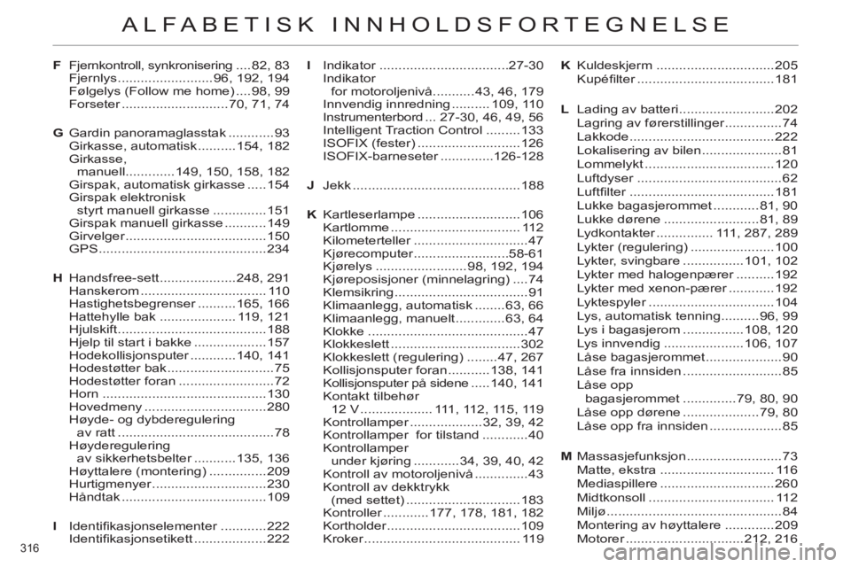 CITROEN C4 2011 InstruksjonsbØker (in Norwegian) 316
ALFABETISK INNHOLDSFORTEGNELSE
F Fjernkontroll, synkronisering ....82, 83
Fjernlys .........................96, 192, 194
Følgelys (Follow me home) ....98, 99
Forseter ...................... CITROEN C4 2011 InstruksjonsbØker (in Norwegian) 316
ALFABETISK INNHOLDSFORTEGNELSE
F Fjernkontroll, synkronisering ....82, 83
Fjernlys .........................96, 192, 194
Følgelys (Follow me home) ....98, 99
Forseter ......................