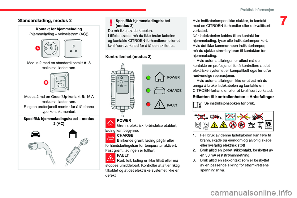 CITROEN C4 2021  InstruksjonsbØker (in Norwegian) 135
Praktisk informasjon
7Standardlading, modus 2
Kontakt for hjemmelading
(hjemmelading – vekselstrøm (AC))
 
 
Modus 2 med en standardkontakt  A: 8 
maksimal ladestrøm.
 
 
Modus 2 md en Green