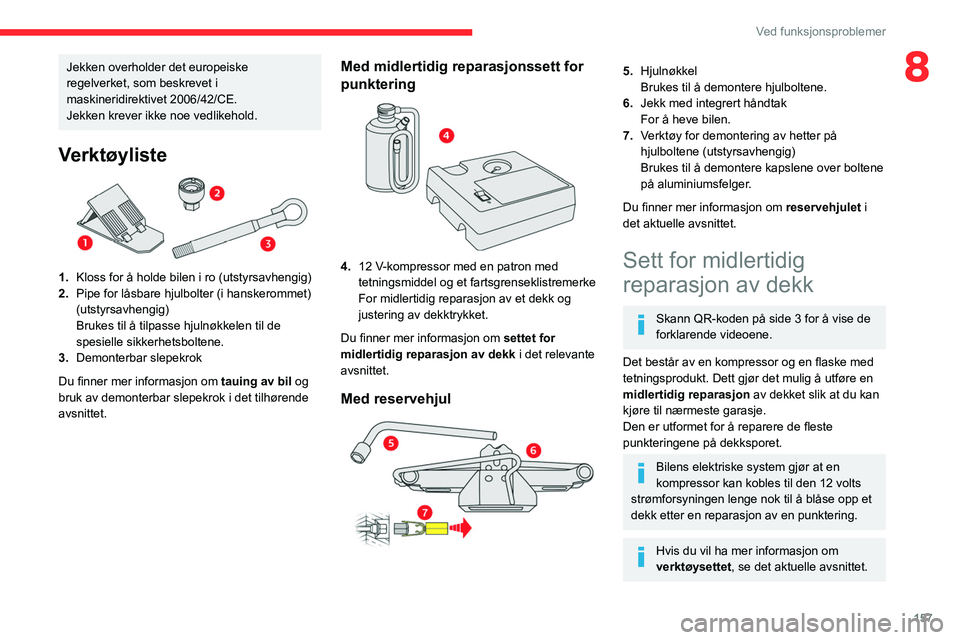 CITROEN C4 2021  InstruksjonsbØker (in Norwegian) 157
Ved funksjonsproblemer
8Jekken overholder det europeiske 
regelverket, som beskrevet i 
maskineridirektivet 2006/42/CE.
Jekken krever ikke noe vedlikehold.
Verktøyliste 
 
1.Kloss for å holde bi