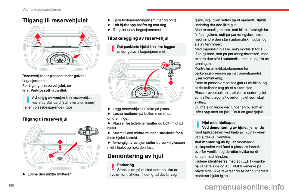 CITROEN C4 2021 InstruksjonsbØker (in Norwegian) 160
Ved funksjonsproblemer
Tilgang til reservehjulet
Reservehjulet er plassert under gulvet i
bagasjerommet.
For tilgang til reservehjulet, se
først
V
erktøysett
-avsnittet.
Avhengig av ve CITROEN C4 2021 InstruksjonsbØker (in Norwegian) 160
Ved funksjonsproblemer
Tilgang til reservehjulet
Reservehjulet er plassert under gulvet i
bagasjerommet.
For tilgang til reservehjulet, se
først
V
erktøysett
-avsnittet.
Avhengig av ve