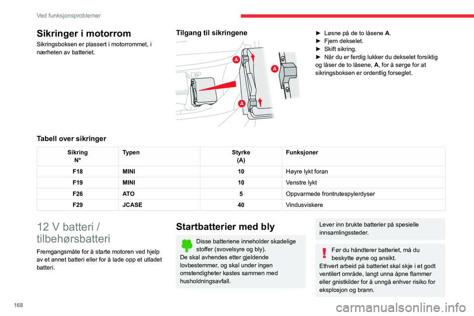 CITROEN C4 2021 InstruksjonsbØker (in Norwegian) 168
Ved funksjonsproblemer
Sikringer i motorrom
Sikringsboksen er plassert i motorrommet, i
nærheten av batteriet.
Tilgang til sikringene
► Løsne på de to låsene A .
► Fjern dekselet.
► CITROEN C4 2021 InstruksjonsbØker (in Norwegian) 168
Ved funksjonsproblemer
Sikringer i motorrom
Sikringsboksen er plassert i motorrommet, i
nærheten av batteriet.
Tilgang til sikringene
► Løsne på de to låsene A .
► Fjern dekselet.
►
