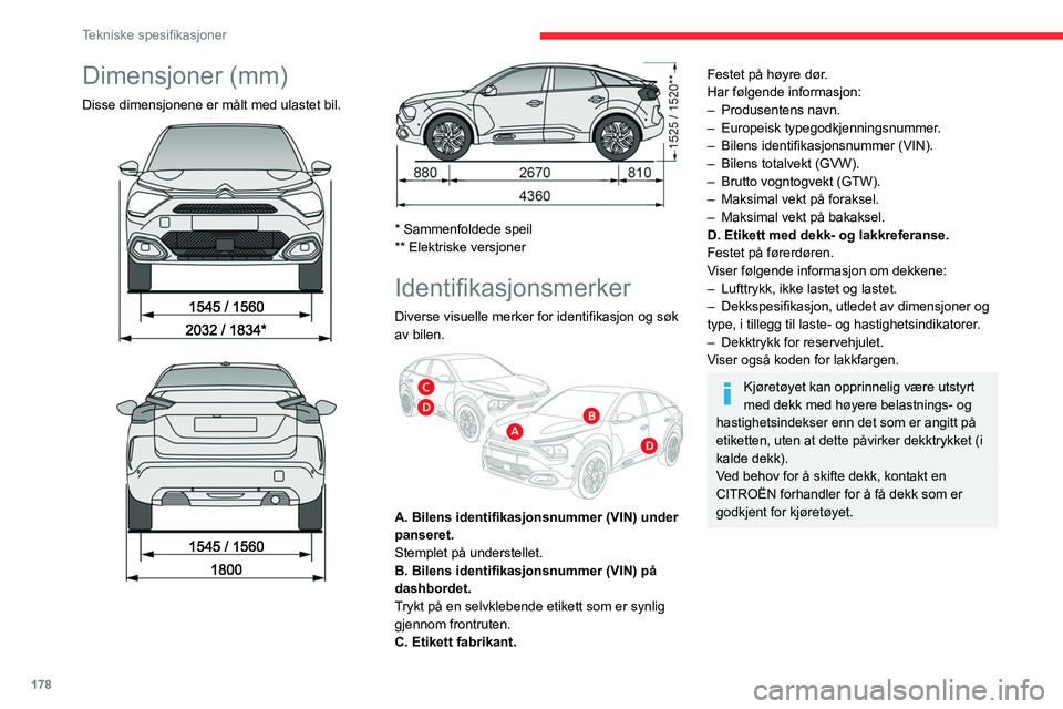 CITROEN C4 2021 InstruksjonsbØker (in Norwegian) 178
Tekniske spesifikasjoner
Dimensjoner (mm)
Disse dimensjonene er målt med ulastet bil.
* Sammenfoldede speil
** Elektriske versjoner
Identifikasjonsmerker
Diverse visuelle merker for id CITROEN C4 2021 InstruksjonsbØker (in Norwegian) 178
Tekniske spesifikasjoner
Dimensjoner (mm)
Disse dimensjonene er målt med ulastet bil.
* Sammenfoldede speil
** Elektriske versjoner
Identifikasjonsmerker
Diverse visuelle merker for id