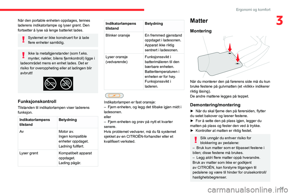 CITROEN C4 2021 InstruksjonsbØker (in Norwegian) 51
Ergonomi og komfort
3Når den portable enheten oppdages, tennes
laderens indikatorlampe og lyser grønt. Den
fortsetter å lyse så lenge batteriet lades.
Systemet er ikke konstruert for å lade CITROEN C4 2021 InstruksjonsbØker (in Norwegian) 51
Ergonomi og komfort
3Når den portable enheten oppdages, tennes
laderens indikatorlampe og lyser grønt. Den
fortsetter å lyse så lenge batteriet lades.
Systemet er ikke konstruert for å lade