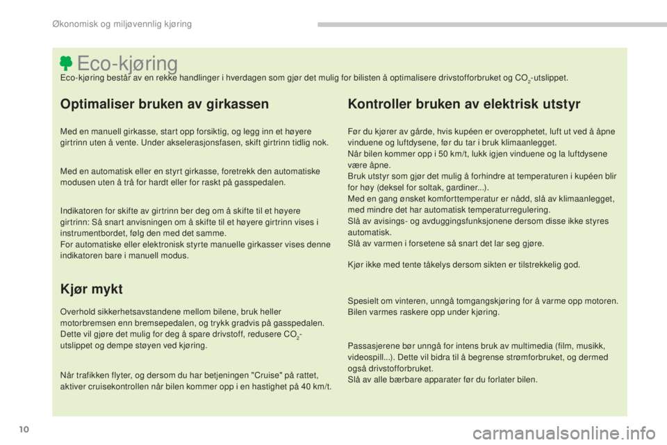 CITROEN C4 AIRCROSS 2016  InstruksjonsbØker (in Norwegian) 10
C4-Aircross_no_Chap00c_eco-conduite_ed01-2014
Eco-kjøringEco-kjøring består av en rekke handlinger i hverdagen som gjør det mulig for bilisten å optimalisere drivstofforbruket og CO2-utslippet