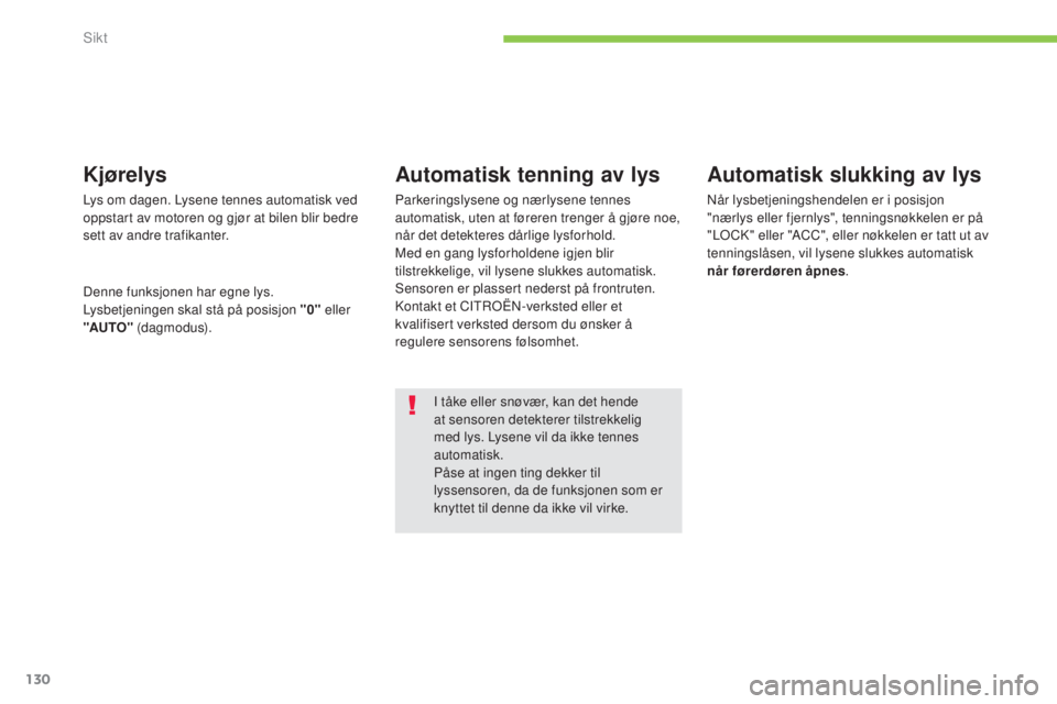 CITROEN C4 AIRCROSS 2016  InstruksjonsbØker (in Norwegian) 130
C4-Aircross_no_Chap05_visibilite_ed01-2014
i tåke eller snøvær, kan det hende 
a t sensoren detekterer tilstrekkelig 
med lys. Lysene vil da ikke tennes 
automatisk.
Påse at ingen ting dekker 