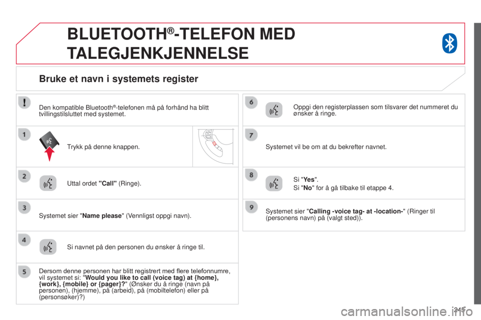 CITROEN C4 AIRCROSS 2016  InstruksjonsbØker (in Norwegian) 245
BLUETOOTH®-TELEFON MED 
T

ALEGJENKJENNELSE
uttal ordet "Call" (ringe).
s

ystemet sier "Name please " (
v
ennligst oppgi navn).
Bruke et navn i systemets register
si navnet på d