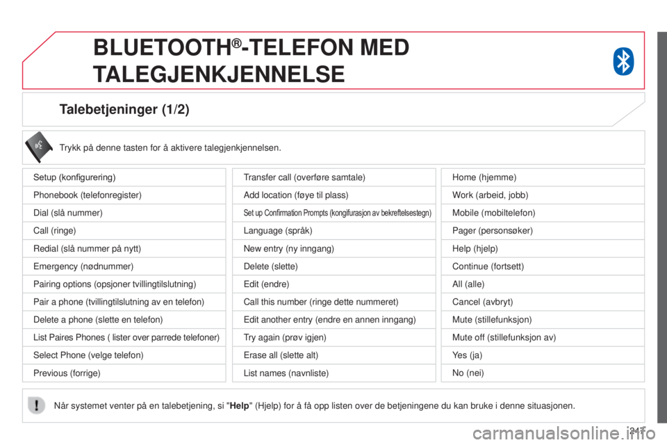 CITROEN C4 AIRCROSS 2016  InstruksjonsbØker (in Norwegian) 247
Talebetjeninger (1/2)
Setup (konfigurering)
Phonebook (telefonregister)
Dial (slå nummer)
Call (ringe)
r
edial (slå nummer på nytt)
Emergency (nødnummer)
Pairing options (opsjoner tvillingtils