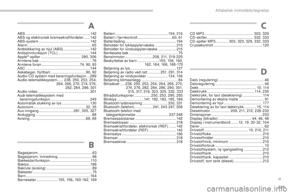 CITROEN C4 AIRCROSS 2016  InstruksjonsbØker (in Norwegian) 335
C4-Aircross_no_Chap11_index-alpha_ed01-2014
ABs ............................................................... 142
ABs o g elektronisk bremsekraftfordeler ......14
2
AB
s-

system
 
 ............