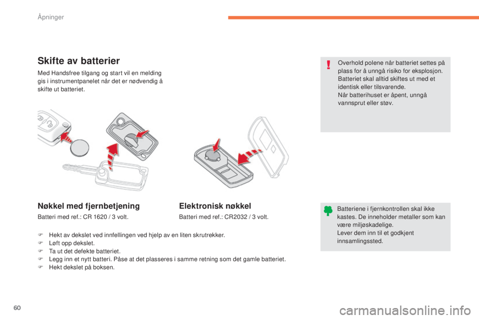 CITROEN C4 AIRCROSS 2016  InstruksjonsbØker (in Norwegian) 60
C4-Aircross_no_Chap02_ouvertures_ed01-2014
Med Handsfree tilgang og start vil en melding 
gis i instrumentpanelet når det er nødvendig å 
skifte ut batteriet.
Skifte av batterier
Batteriene i fj