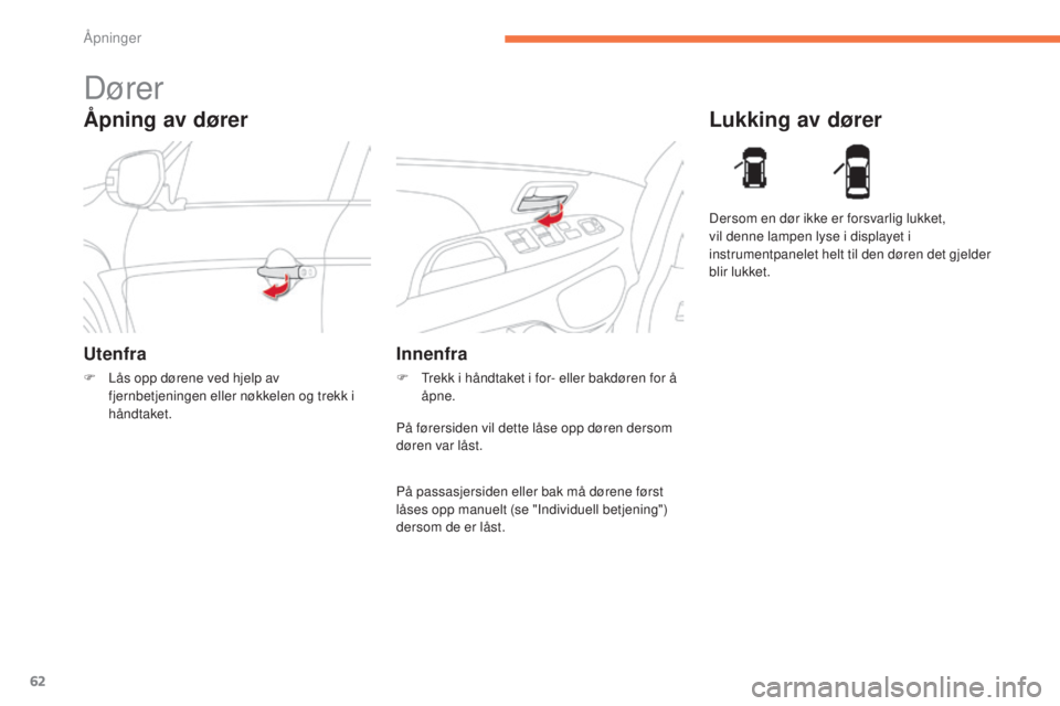 CITROEN C4 AIRCROSS 2016  InstruksjonsbØker (in Norwegian) 62
C4-Aircross_no_Chap02_ouvertures_ed01-2014
Åpning av dører
Dører
Utenfra
F Lås opp dørene ved hjelp av fjernbetjeningen eller nøkkelen og trekk i 
håndtaket.
Lukking av dører
Innenfra
F Tre