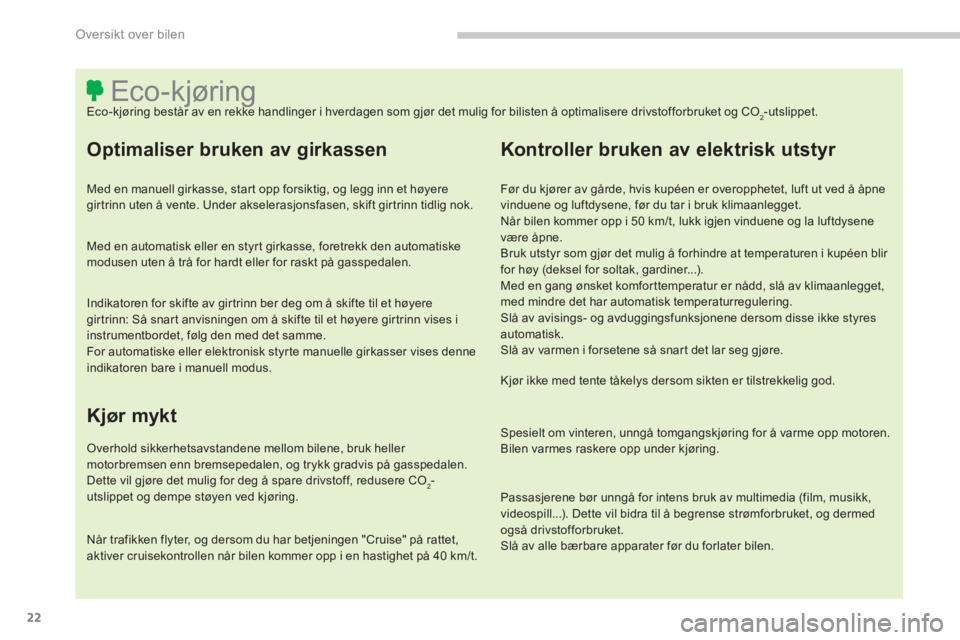 CITROEN C4 AIRCROSS 2014 InstruksjonsbØker (in Norwegian) 22
Oversikt over bilen
Eco-kjøring
Eco-kjøring består av en rekke handlinger i hverdagen som CITROEN C4 AIRCROSS 2014 InstruksjonsbØker (in Norwegian) 22
Oversikt over bilen
Eco-kjøring
Eco-kjøring består av en rekke handlinger i hverdagen som