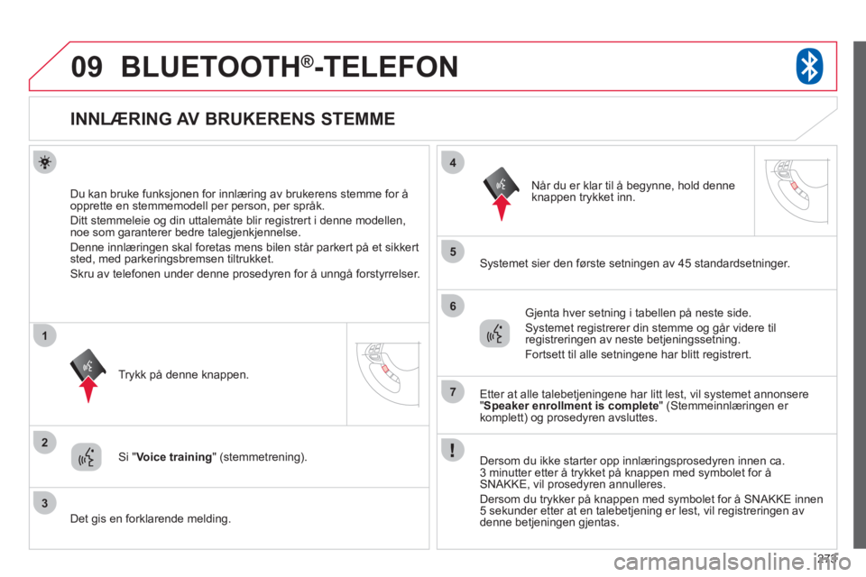 CITROEN C4 AIRCROSS 2013  InstruksjonsbØker (in Norwegian) 273
09
2
3
1
4
5
6
7
BLUETOOTH®-TELEFON
   
 
 
 
 
 
 
 
 
 
 
 
 
 
INNLÆRING AV BRUKERENS STEMME 
Du kan bruke funksjonen for innlæring av brukerens stemme for å 
opprette en stemmemodell per p
