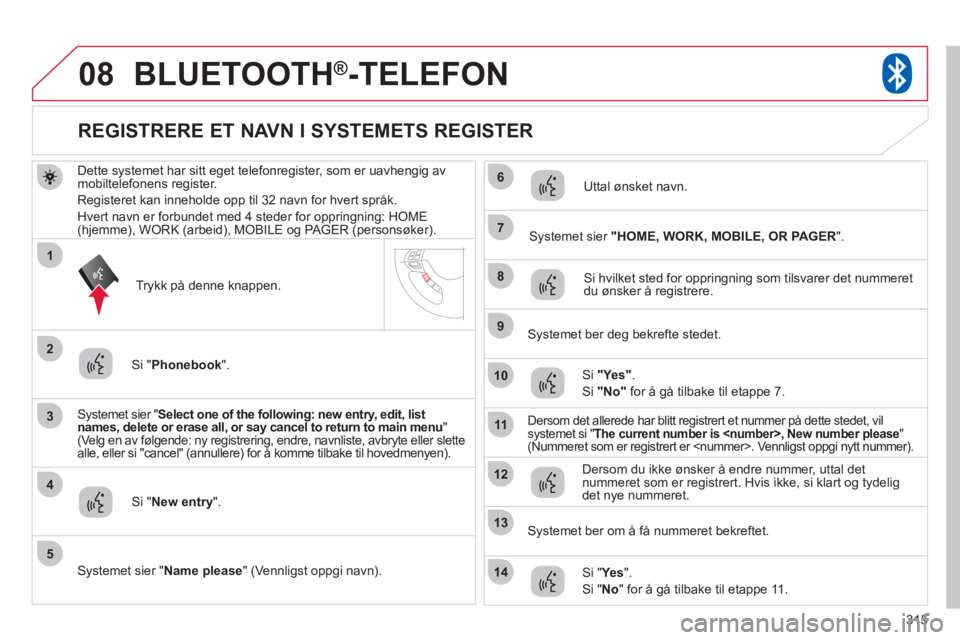 CITROEN C4 AIRCROSS 2013  InstruksjonsbØker (in Norwegian) 315
08
3
4
7
8
9
10
11
1
2
5
6
12
14
13
BLUETOOTH®-TELEFON
Dette systemet har sitt eget telefonregister, som er uavhengig av mobiltelefonens register. 
Re
gisteret kan inneholde opp til 32 navn for h