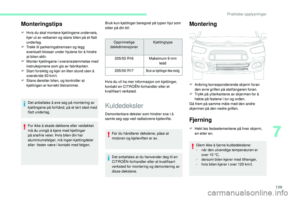 CITROEN C4 CACTUS 2019 InstruksjonsbØker (in Norwegian) 139
Monteringstips
F Hvis du skal montere kjettingene under veis, kjør ut av veibanen og stans bilen på et flatt
underlag.
F
T
rekk til parkeringsbremsen og legg
eventuelt klosser under hjulene CITROEN C4 CACTUS 2019 InstruksjonsbØker (in Norwegian) 139
Monteringstips
F Hvis du skal montere kjettingene under veis, kjør ut av veibanen og stans bilen på et flatt
underlag.
F
T
rekk til parkeringsbremsen og legg
eventuelt klosser under hjulene