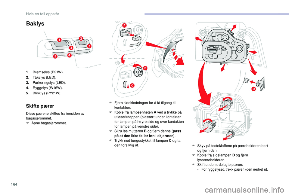 CITROEN C4 CACTUS 2019 InstruksjonsbØker (in Norwegian) 164
Baklys
1.Bremselys (P21W).
2. Tåkelys (LED).
3. Parkeringslys (LED).
4. Ryggelys (W16W).
5. Blinklys (PY21W).
Skifte pærer
Disse pærene skiftes fra innsiden av
bagasjerommet.
F
Å
pne bagas CITROEN C4 CACTUS 2019 InstruksjonsbØker (in Norwegian) 164
Baklys
1.Bremselys (P21W).
2. Tåkelys (LED).
3. Parkeringslys (LED).
4. Ryggelys (W16W).
5. Blinklys (PY21W).
Skifte pærer
Disse pærene skiftes fra innsiden av
bagasjerommet.
F
Å
pne bagas