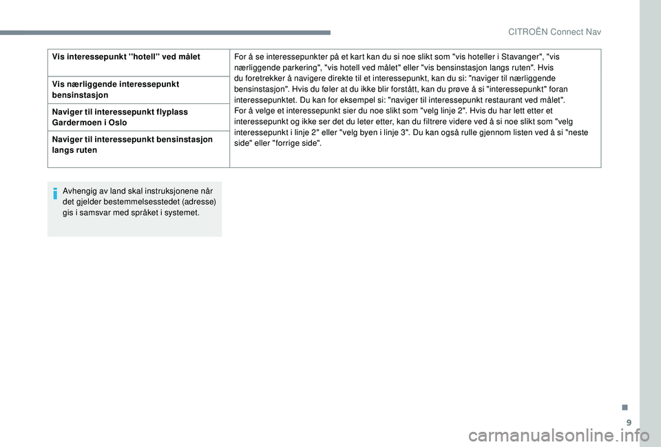 CITROEN C4 CACTUS 2019 InstruksjonsbØker (in Norwegian) 9
Avhengig av land skal instruksjonene når
det gjelder bestemmelsesstedet (adresse)
gis i samsvar med språket i systemet.
Vis interessepunkt ''hotell'' ved målet
For å se interes CITROEN C4 CACTUS 2019 InstruksjonsbØker (in Norwegian) 9
Avhengig av land skal instruksjonene når
det gjelder bestemmelsesstedet (adresse)
gis i samsvar med språket i systemet.
Vis interessepunkt ''hotell'' ved målet
For å se interes